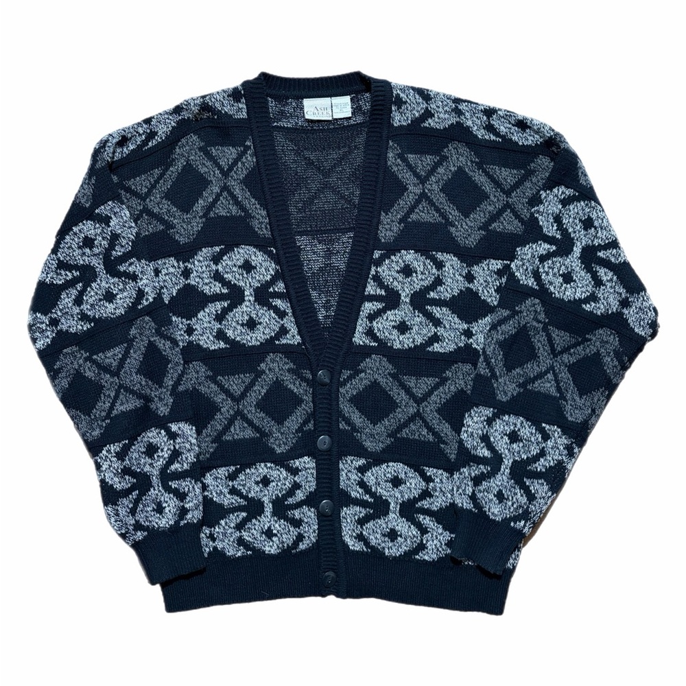 Vintage Ash Creek Trading Sweater Mens XL Black Geometric Pattern Knit Cardigan
